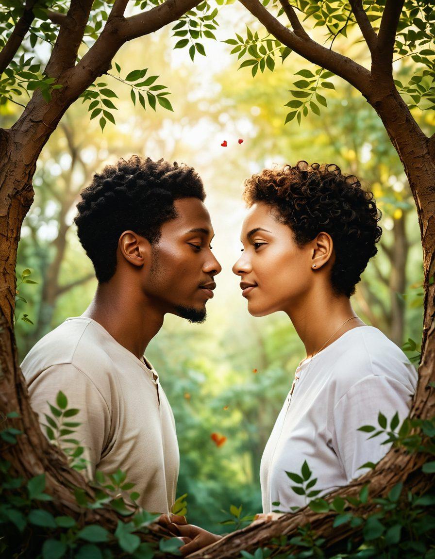 A serene scene depicting two diverse individuals engaged in a deep conversation, surrounded by nature, symbolizing trust and commitment. Include subtle heart shapes in the background created by tree branches and leaves, emphasizing connection. Warm, inviting color tones that evoke feelings of love and togetherness. super-realistic. vibrant colors. soft focus.