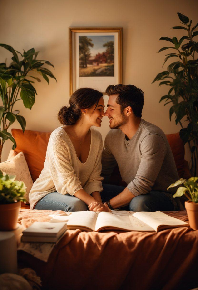 A cozy, intimate setting featuring a couple sitting across from each other, deeply engaged in a heartfelt conversation, surrounded by symbols of love languages such as gifts, handwritten notes, and acts of service. Soft lighting enhances the warmth and connection between them, with a backdrop of a homey room filled with personal touches and plants. The atmosphere should evoke feelings of trust, understanding, and growth in relationships. super-realistic. warm colors. soft focus.
