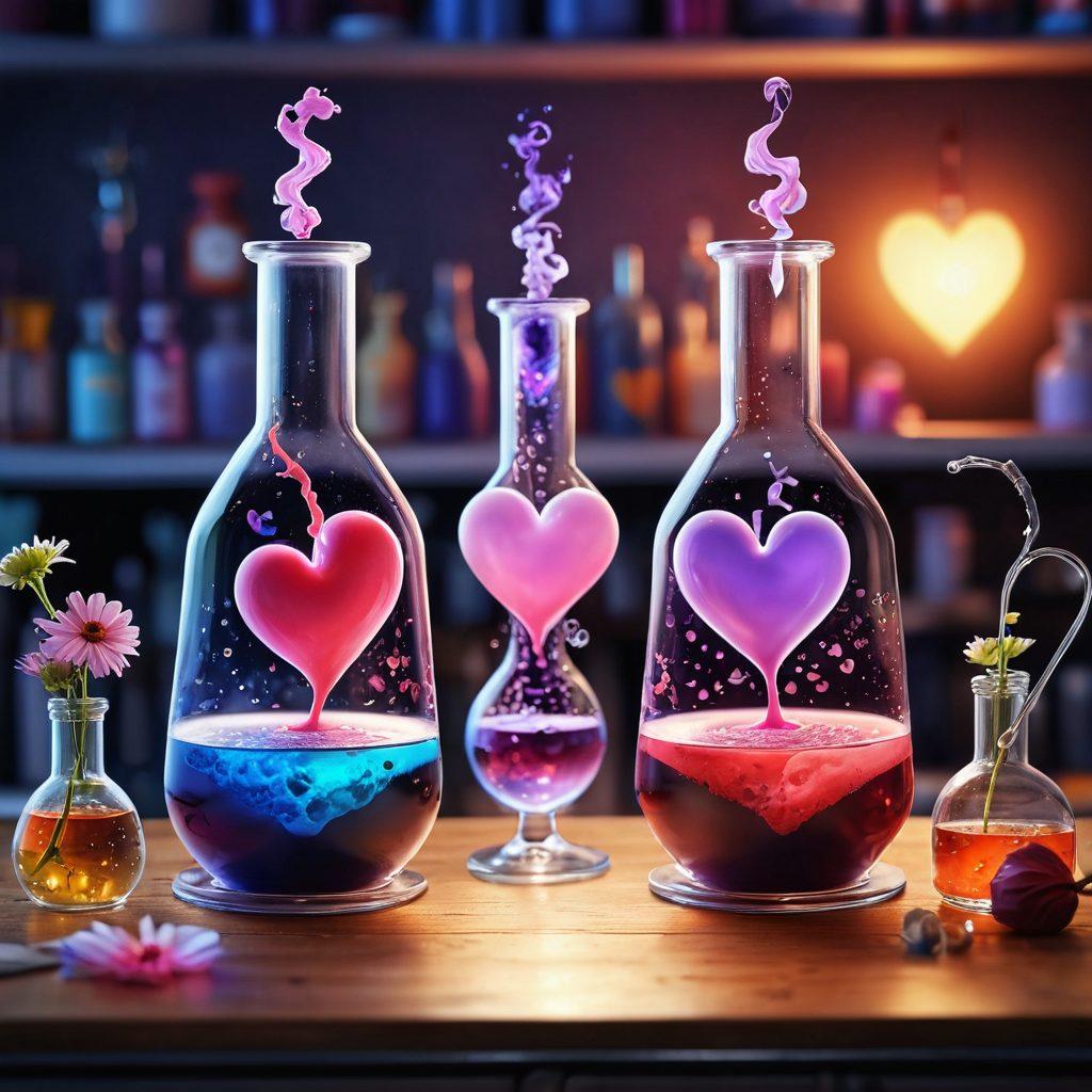 A whimsical laboratory filled with colorful potions representing different emotions, two beakers shaped like hearts pouring into a larger heart-shaped flask. Surrounding the setup are gentle floral motifs and glowing elements symbolizing connection. The background is soft and dreamy, merging elements of science and romance. vibrant colors. super-realistic.